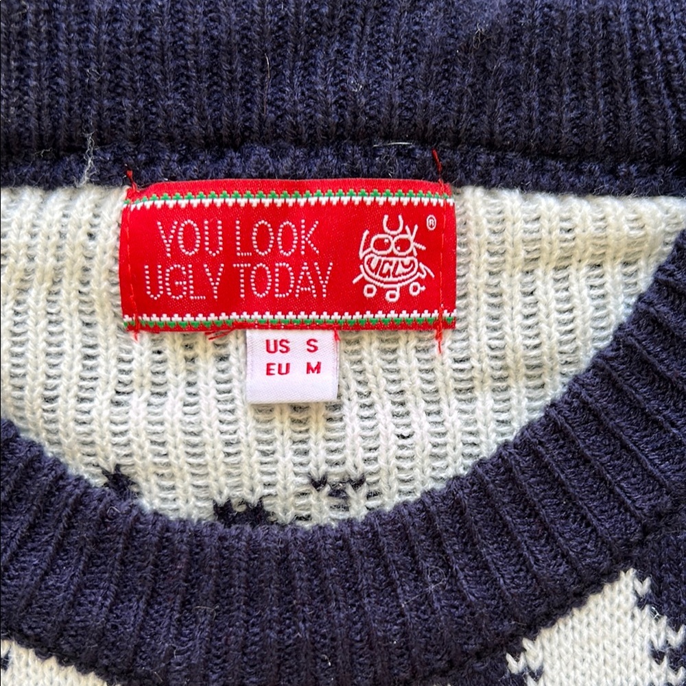 Ugly Christmas Sweater Blue and White Crewneck with Festive Flair - Picture 2 of 5